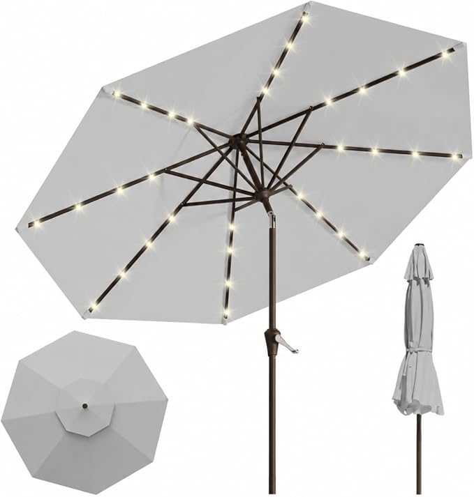 10FT Solar Lighted Patio Umbrella, Outdoor Table Market Umbrellas with Push Button Tilt and Crank, 32 LED Lights, 8 Sturdy Ribs, UV-Resistant for Deck, Garden, Pool