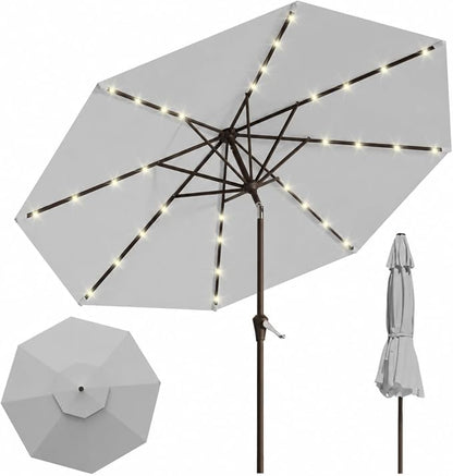 10FT Solar Lighted Patio Umbrella, Outdoor Table Market Umbrellas with Push Button Tilt and Crank, 32 LED Lights, 8 Sturdy Ribs, UV-Resistant for Deck, Garden, Pool