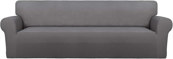 PureFit Stretch Couch Covers for Sofa 4 Seater Slipcovers Light Gray | 1-Piece Sofa Cover Washable Soft Couch protector, Couch Slipcover with Non Skid Foam and Elastic Bottom for Kids, Dogs