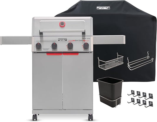 Monument Grills 4 Burner Stainless Steel Propane Mesa2 Gas Grill, 500°F in 5 Mins, 525 sq.in, 37,000 BTU, Broil Zone, Foldable Side Shelves, Knob Control, Built in Thermometer, with 5 Accessories