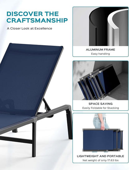 Ciokea Aluminum Foldable Lounge Chairs Set of 2 with 1 Outdoor Aluminum Side Table ，Perfect Match ，Suitable for Courtyard, Balcony, Lawn and Other Scene,Navy Blue
