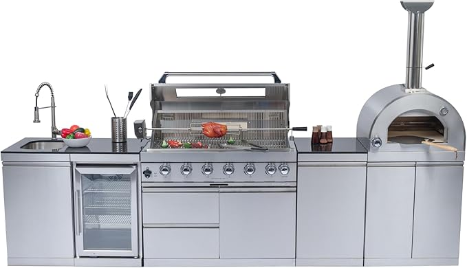 128-Inch 120000- BTU Stainless Steel Propane Gas BBQ Grill Modular Outdoor Kitchen Island,485Sq.In Cooking Area,Pizza oven,Wine Cooler,Refrigerator,Rotisserie,Storage Cabinets & Drawers,Silver