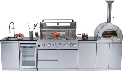 128-Inch 120000- BTU Stainless Steel Propane Gas BBQ Grill Modular Outdoor Kitchen Island,485Sq.In Cooking Area,Pizza oven,Wine Cooler,Refrigerator,Rotisserie,Storage Cabinets & Drawers,Silver