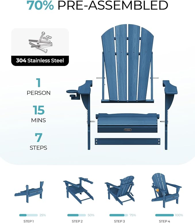 Ciokea Folding Adirondack Chair 6 Pack, Patio Adirondack Chair Weather Resistant, Plastic Fire Pit Chair with Cup Holder, Lawn Chair for Outdoor Porch Garden Backyard Deck (Royal Blue)