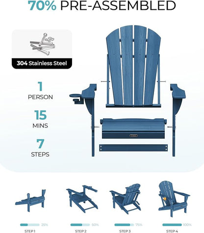 Ciokea Folding Adirondack Chair 6 Pack, Patio Adirondack Chair Weather Resistant, Plastic Fire Pit Chair with Cup Holder, Lawn Chair for Outdoor Porch Garden Backyard Deck (Royal Blue)