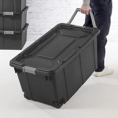 40 Gallon Stackable Wheeled Storage Bin for Garage Basement Camping Gear, Dark Gray, Pack of 2