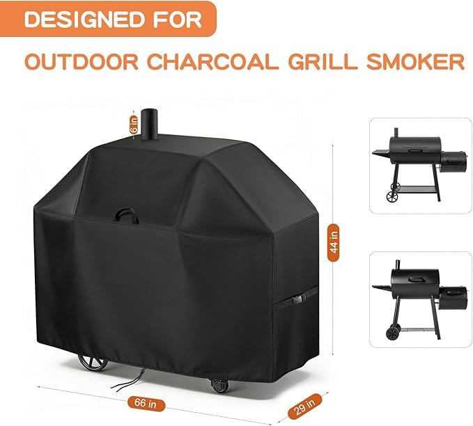 TheElves Grill Cover for Char-Griller 1733 Smokin Champ & CG30044223 Smokin Pro, 66" Outdoor Grill Covers Waterproof Heavy Duty for Barrel Grill Offset Smoker with Smoke Stack - 66" W x 29" D x 50" H
