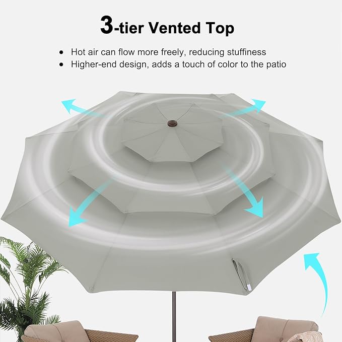 ABCCANOPY 11Ft 3 Tiers Market Umbrella, Outdoor Table Umbrella for Patio, Deck, Backyard (Light Gray)