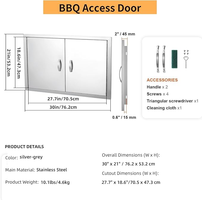GarveeLife BBQ Access Door 30 in W x 21 in H, Double Outdoor Kitchen Door, Weatherproof Built in 304 Stainless Steel with Handle for Outside, Commercial, BBQ Island, Grilling Station, Outside Cabinet
