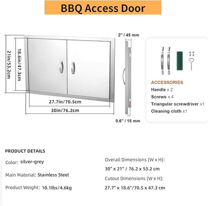 GarveeLife BBQ Access Door 30 in W x 21 in H, Double Outdoor Kitchen Door, Weatherproof Built in 304 Stainless Steel with Handle for Outside, Commercial, BBQ Island, Grilling Station, Outside Cabinet
