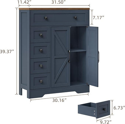 Vabches Farmhouse Storage Cabinet with 2 Doors and 5 Drawers, Freestanding Bathroom Cabinets Kitchen Pantry, Floor Storage Cabinet Hutch Cupboard for Living Room/Bathroom/Kitchen.Blue