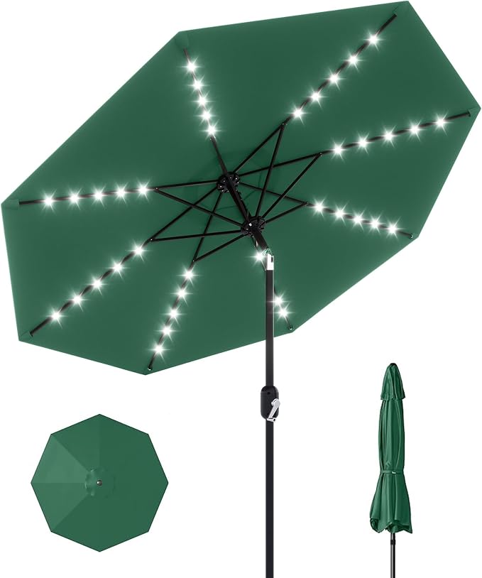GarveeLife 10 ft Patio Umbrella with Solar Lights, 8 Ribs Outdoor Market Table Umbrella with 40 LED Lights & Tilt Crank for Pool, Deck, Backyard (Dark Green)