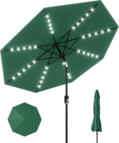 GarveeLife 10 ft Patio Umbrella with Solar Lights, 8 Ribs Outdoor Market Table Umbrella with 40 LED Lights & Tilt Crank for Pool, Deck, Backyard (Dark Green)