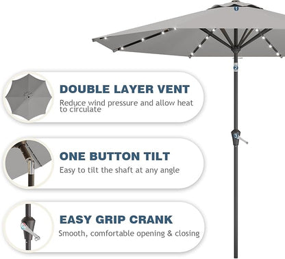 9FT Patio Umbrella with Solar Lights,Outdoor Market Umbrella with Tilt and Crank, LED Lighted Table Umbrella for Garden,Deck,Backyard,Pool,Beach (Light Gray)