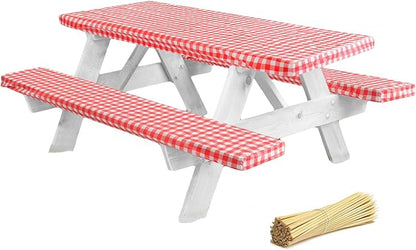 LINPRO Premium Picnic Table Cover with Bench Covers Vinyl Fitted Picnic Table Covers with Elastic RV Camping Accessories and Camper Must Haves Waterproof (Red Gingham, 72 x 30 (6ft) with skewers