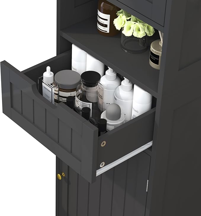 TidyHaven 67" H Tall Bathroom Storage Cabinet, Slim Narrow Organizer with Adjustable Shelves, 2 Doors & 1 Drawer, Freestanding Floor Cabinet for Bathroom, Kitchen, Living Room (Black)