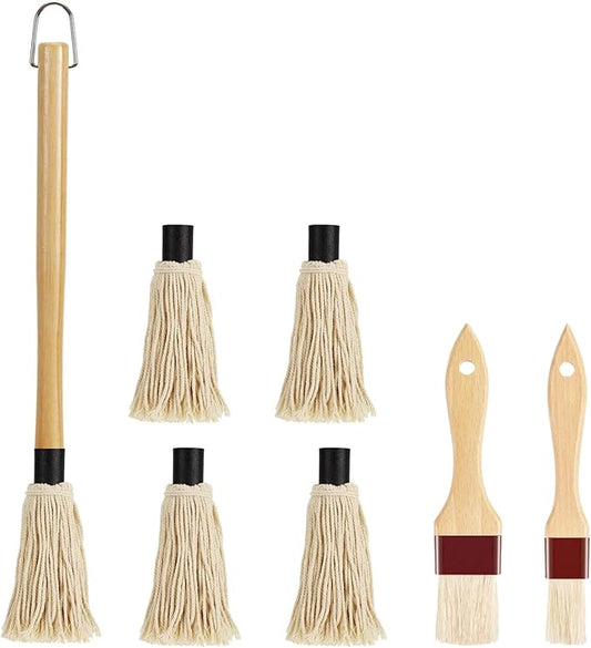 18.3" Removable Rubberwood Long Handle BBQ Mop 4 Pcs Pure Cotton Replacement Brush Heads 2 Pcs Food Grade Bristle BBQ Brush for Sauce Suitable for Grilling and Smoking Steaks