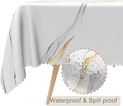 54x70inches White Gold Marble Tablecloth Rectangle Marble Texture Table Cloth Waterproof and Stain Resistant Fabric Table Cover for Kitchen Dinning Home Decor Indoor Outdoor Party Supplies