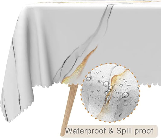 70x108inches White Gold Marble Tablecloth Rectangle Marble Texture Table Cloth Waterproof and Stain Resistant Fabric Table Cover for Kitchen Dinning Home Decor Indoor Outdoor Party Supplies