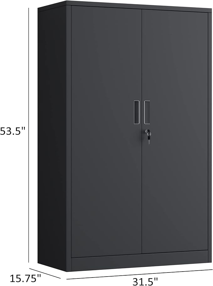 Metal Storage Cabinet with Locking Doors and 3 Adjustable Shelves, 53.5-Inch Tall Lockable Steel Storage Cabinets for Home Office Garage Pantry (Black)