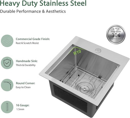 15 Inch Drop In Bar Sink Wet Bar RV Sink 16 Gauge Stainless Steel Single Bowl Handmade Small Kitchen Sink 15"x15"x9"