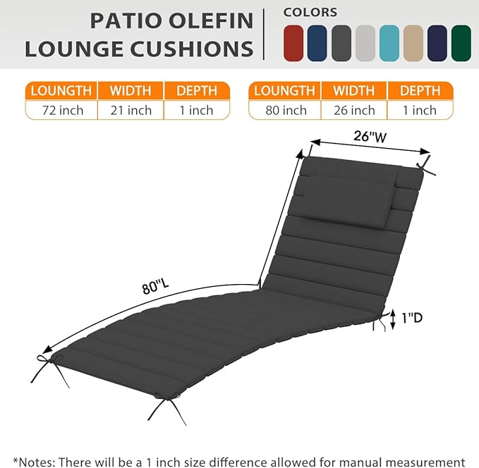 Sundale Outdoor Olefin Quilted Lounge Cushion Set of 2, Patio Foldable Chaise Lounger Cushion, Water-Resistant Lounge Chair Pad with Straps Dark Gray, 80 x 26 inches