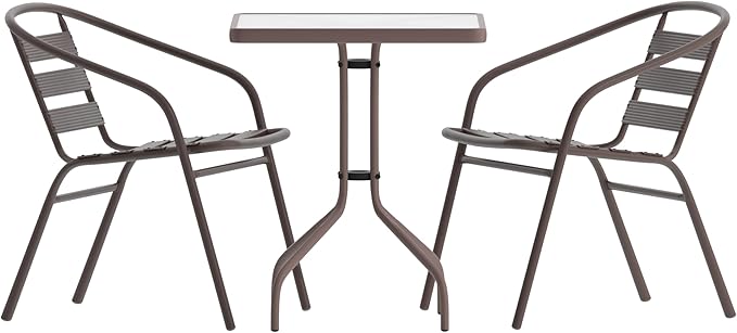 Flash Furniture TLH-0731SQ-017CBZ2-GG Lila 23.5'' Square Glass Table with 2 Metal Aluminum Slat Stack Chairs, Bronze