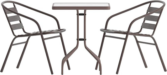 Flash Furniture TLH-0731SQ-017CBZ2-GG Lila 23.5'' Square Glass Table with 2 Metal Aluminum Slat Stack Chairs, Bronze