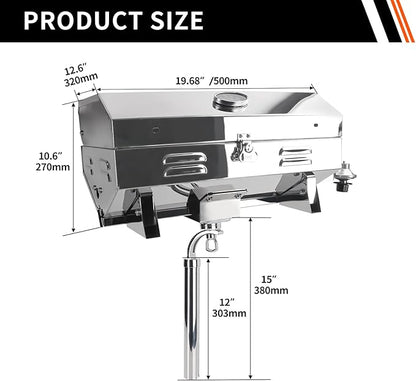 Boat Grill, 304 Stainless Steel Marine Grills w/Rod Holder Mount, Heat-Resistant Handle, Portable Propane BBQ for Boats & Tailgating & Camping, Built in Thermometer