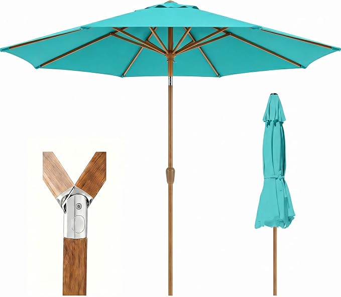 9ft Outdoor Patio Umbrella, Market Table Umbrella with Crank and Easy Push Button Tilt, Wood Grain Frame, UPF 50+ for Pool, Garden, Deck, Backyard