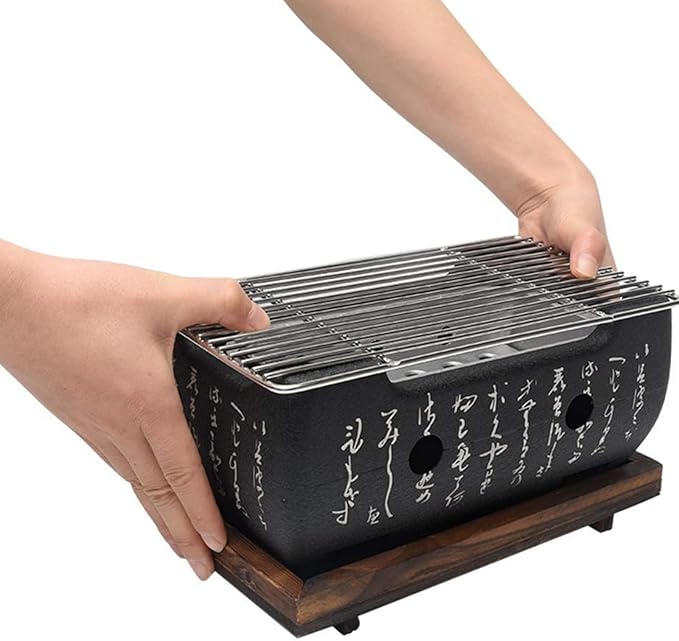 Japanese Hibachi Grill, Portable Tabletop Yakitori Charcoal Grill for Indoor Outdoor BBQ with Wooden Base & Cooking Grate 4.9x4.5x9.4in