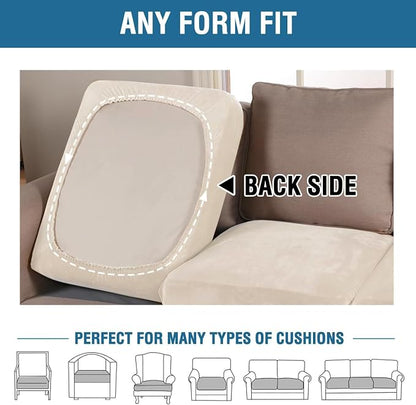 H.VERSAILTEX Velvet Stretch Couch Cushion Cover Plush Cushion Slipcover for Chair Loveseat Sofa Cushion Furniture Protector Seat Cushion Sofa Cover (3 Piece XL Sofa Cushion Covers, Cream)
