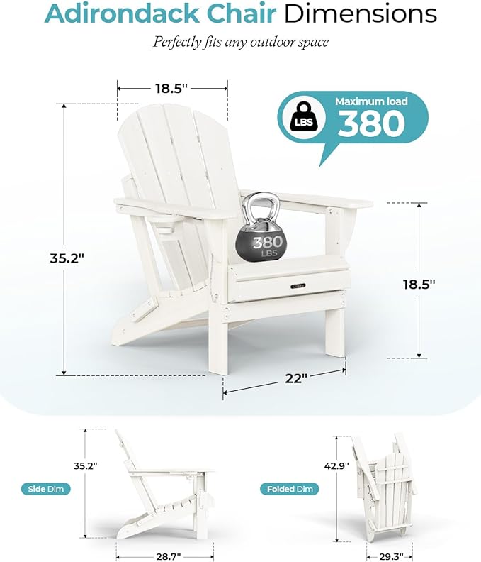 Ciokea Folding Adirondack Chair 6 Pack, Patio Adirondack Chair Weather Resistant, Plastic Fire Pit Chair with Cup Holder, Lawn Chair for Outdoor Porch Garden Backyard Deck (White)
