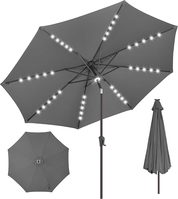 Solar Patio Umbrella Outdoor with Centre Light, 11 ft Anthracite | 40 LED Lights, UV Protection, Solar Outdoor Umbrella for Porch, Deck, Pool, Table, Garden, Provides Evening Lighting
