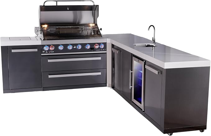 Mont Alpi 94"W x 113"D L-shaped Black Stainless Steel Outdoor Kitchen Island with Fridge + Faucet & Sink + 44"W 6-Burner BBQ Grill + Granite Countertops + Storage + Chopping Board + Rotisserie + Cover