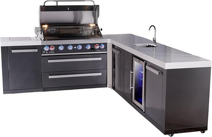 Mont Alpi 94"W x 113"D L-shaped Black Stainless Steel Outdoor Kitchen Island with Fridge + Faucet & Sink + 44"W 6-Burner BBQ Grill + Granite Countertops + Storage + Chopping Board + Rotisserie + Cover