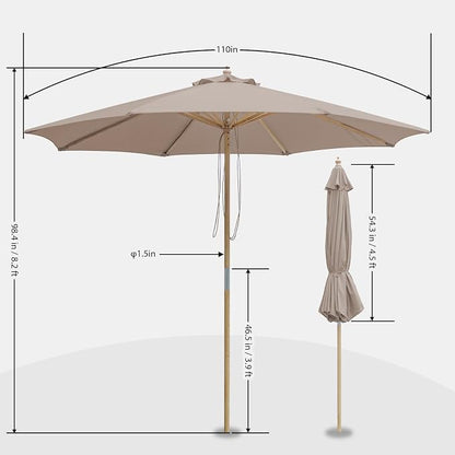 9FT/10FT Wood Patio Umbrella, Large Outdoor Table Pool Umbrella | 205G Olefin/180G Polyester Fabric, Push-Pull Operation Market Umbrella, 8 Rib Vented Canopy, Ideal for Patio, Backyard