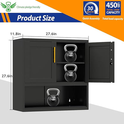 GAIOUS Metal Garage Wall Cabinet with Lock, Wall Mounted Steel Tool Cabinet with Door and Shelf, Medicine Cabinet with Open Area, Hanging Cabinet for Garage Warehouse Bathroom Kitchen, Black