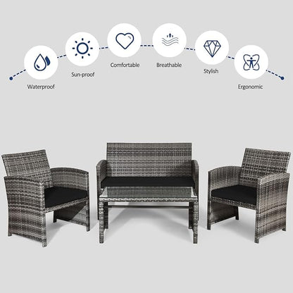 Tangkula 4 PCS Wicker Patio Conversation Set, Outdoor Rattan Sofas with Table Set, Patio Furniture Set with Soft Cushions & Tempered Glass Coffee Table for Poolside Balcony