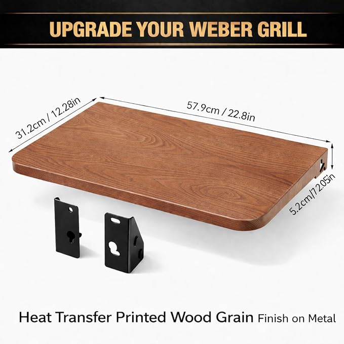 QuliMetal Foldable Front Shelf for Weber Searwood 600, 22.80" Grill Front Table with Wood-Grain Finish, BBQ Prep Shelf Accessory, Quality Steel Front Shelf