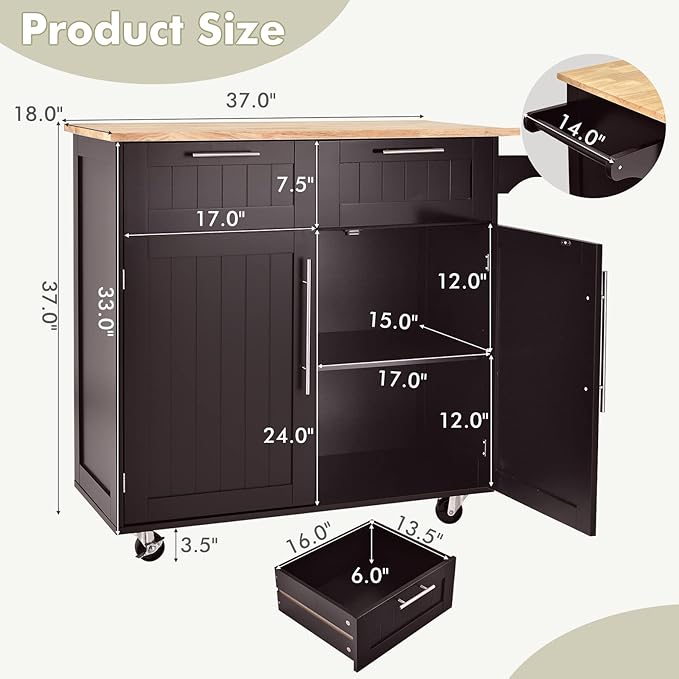 COSTWAY Kitchen Island on Wheels, Kitchen Cart with Side Towel Bar, 2 Drawers, 2 Door Cabinet, Rolling Storage Trolley Cart with Rubber Wood Top & Lockable Casters (Brown)