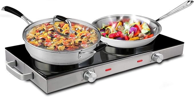 Ceramic Infrared Double Electric Cooktop – Portable Dual Burner with Glass Top, Adjustable Heat, Compact Design for Dorm, RV, or Camping