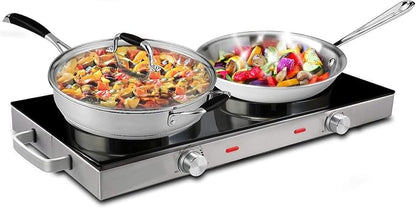 Ceramic Infrared Double Electric Cooktop – Portable Dual Burner with Glass Top, Adjustable Heat, Compact Design for Dorm, RV, or Camping