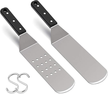 HaSteeL Metal Griddle Spatula, Stainless Steel Long With Riveted Handle, Heavy Duty Perforated & Solid Burger Turner for Teppanyaki BBQ Flat Top Grilling Cooking, Dishwasher Safe