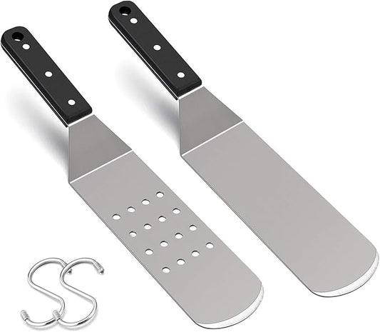 HaSteeL Metal Griddle Spatula, Stainless Steel Long With Riveted Handle, Heavy Duty Perforated & Solid Burger Turner for Teppanyaki BBQ Flat Top Grilling Cooking, Dishwasher Safe