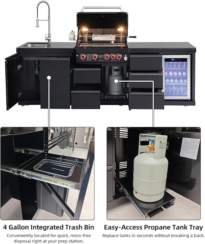 BBQ Outdoor Kitchen Island Grill Barbecue Modular Patio Kitchens Kits with Electric Rotisserie, Sink, fridge, and Burner for More than 10 People