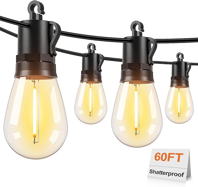 Brightever 60FT LED Outdoor String Lights for Patio Decor | Outside Hanging Lights with 17 Shatterproof S14 Vintage Edison Bulbs(1 Spare), Waterproof 2700K Dimmable
