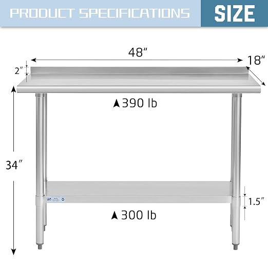 Hally Stainless Steel Table 18 x 48 in, Kitchen Prep Work Table, Backsplash | Expands room for chopping, plating and appliance setup; lower shelf holds supplies close, while rear rim limits splashes too.