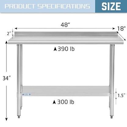 Hally Stainless Steel Table 18 x 48 in, Kitchen Prep Work Table, Backsplash | Expands room for chopping, plating and appliance setup; lower shelf holds supplies close, while rear rim limits splashes too.