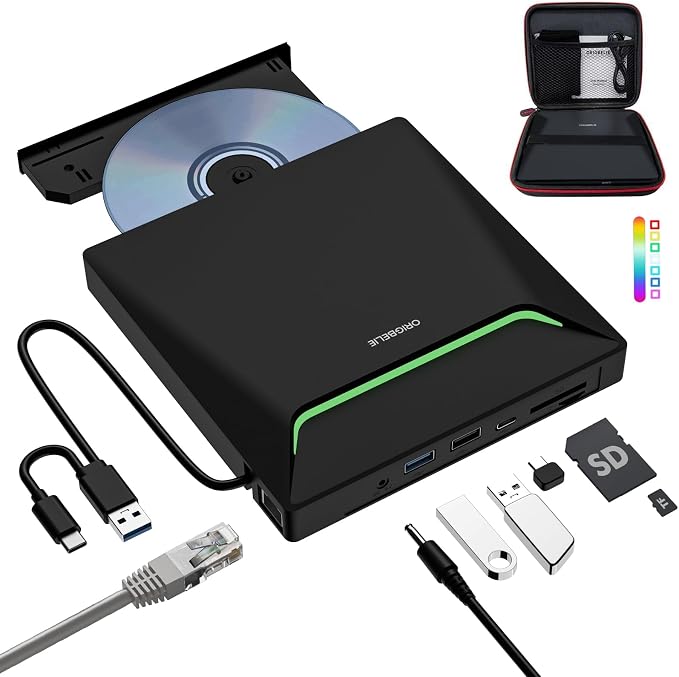 New External CD DVD Drive with Ethernet Adapter USB 3.0 Hub & Carrying Case | 3 USB & 2 TF/SD Card Ports, CD DVD Burner Player Reader Writer Optical Disc Drive for Laptop MacBook PC Windows Linux Mac OS